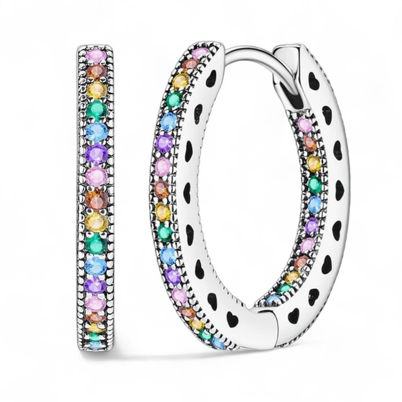 Solid 925 Sterling Silver Colorful 5A Cubic Zirconia Hoop Earrings - Picture 6 of 8